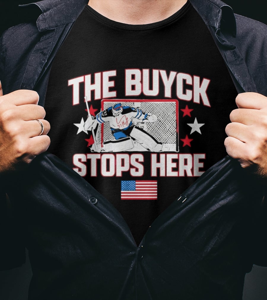 The Buyck Stops Here Winnipeg Jets Hockey Goalie USA Flag Stars T-Shirt