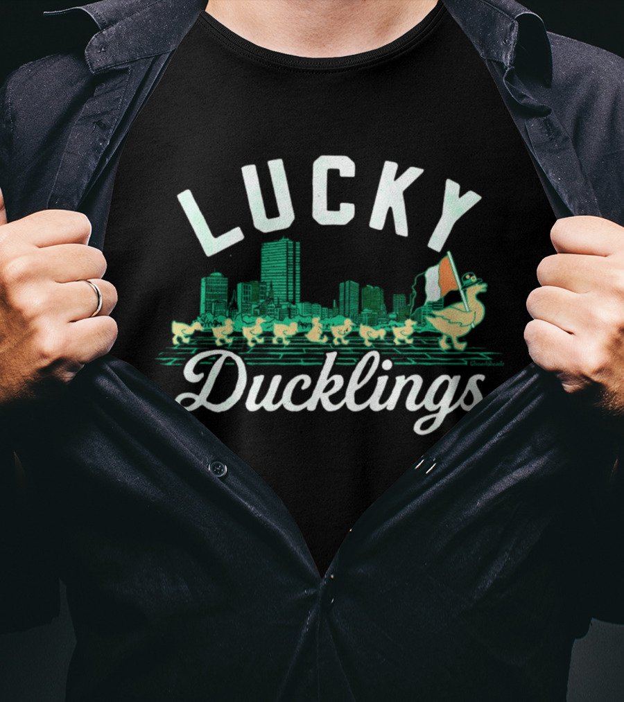 Boston Lucky Ducklings Irish Flag St Patrick's Day Skyline T-Shirt