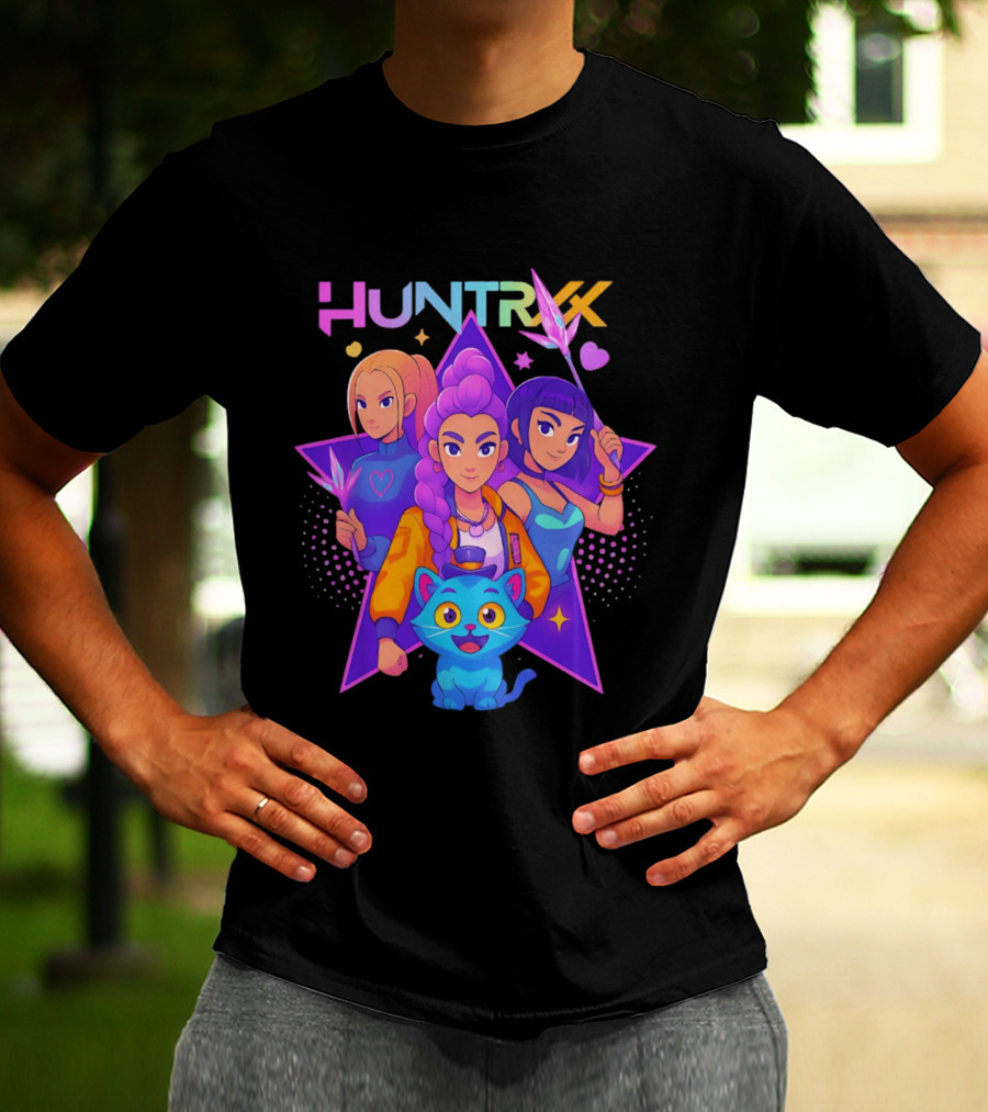 Huntrx Anime All Characters Vibrant Magical Trio And Blue Cat With Crystal Stars T-Shirt