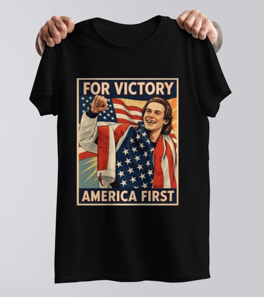 For Victory America First Patriotic Jack Hughes Victory Pose T-Shirt