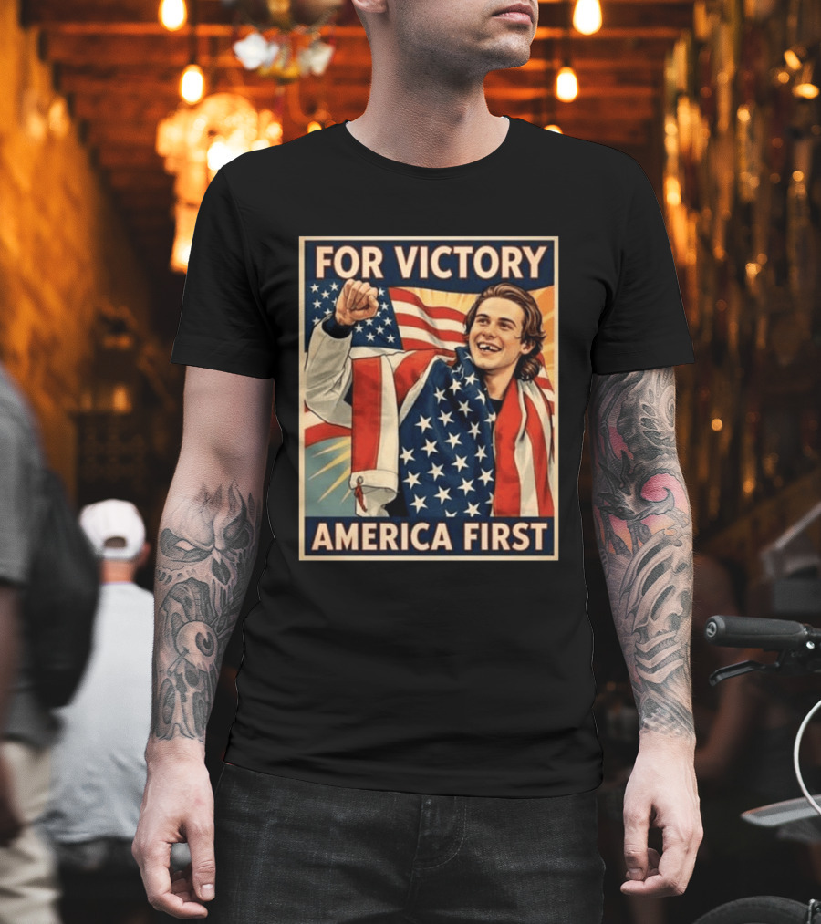 For Victory America First Patriotic Jack Hughes Victory Pose T-Shirt