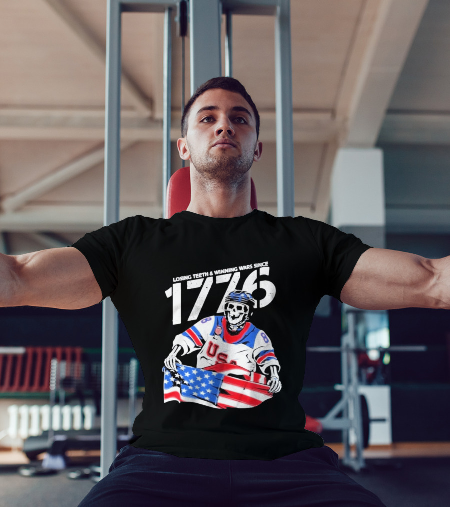 Losing Teeth Winning Wars Since 1776 USA Hockey Skeleton American Flag T-Shirt