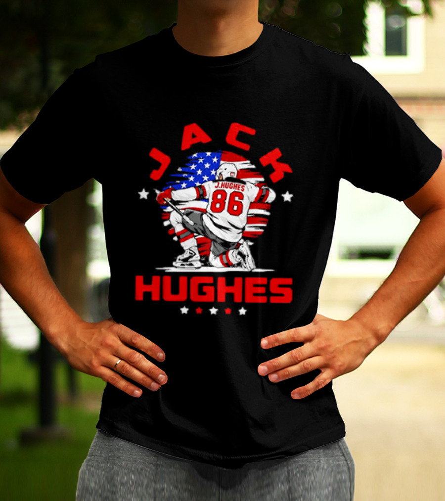 Jack Hughes 86 New Jersey Devils USA Flag Celebration T-Shirt
