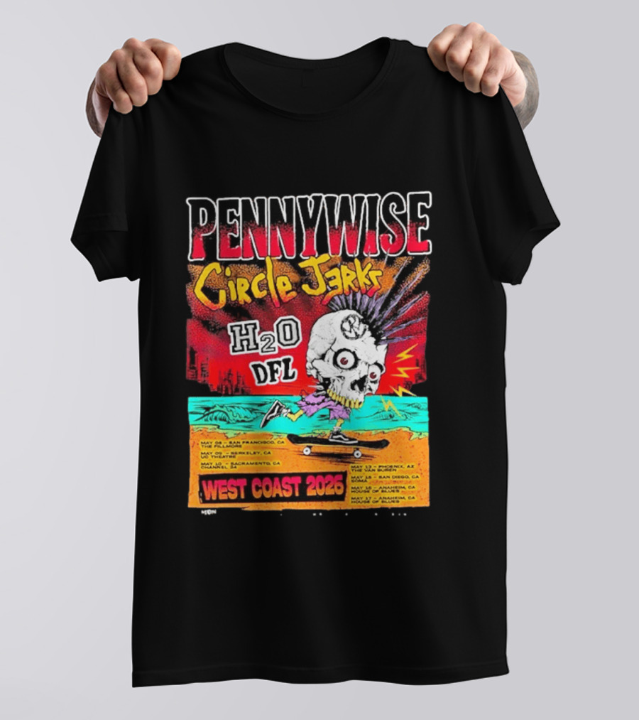 Pennywise Circle Jerks H2O DFL West Coast 2026 Tour San Francisco Sacramento Berkeley San Diego T-Shirt