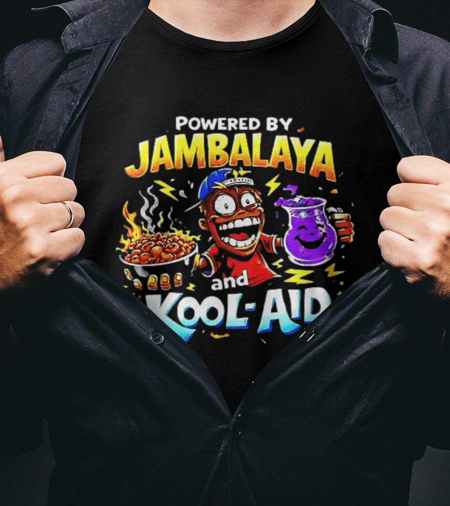Powered By Jambalaya And Kool Aid Bold Colors Cartoon Character Fun T-Shirt