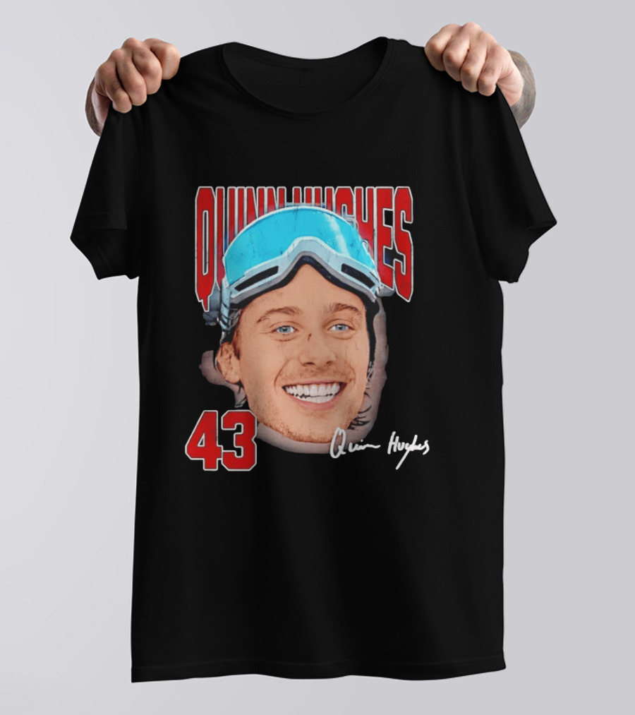 Quinn Hughes Big Head Goggles 43 Signature T-Shirt