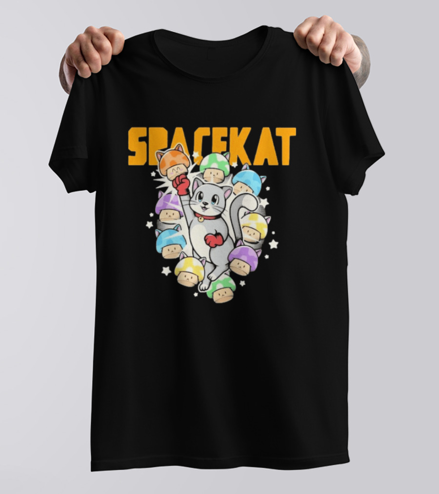 Spacekat Cat Surrounded By Colorful Mushroom Characters T-Shirt