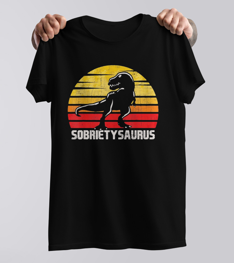 Sober Sobrietysaurus Sobriety Anniversary Recovery Rex Sunset T-Shirt