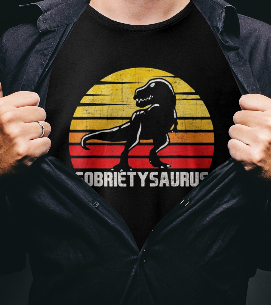 Sober Sobrietysaurus Sobriety Anniversary Recovery Rex Sunset T-Shirt