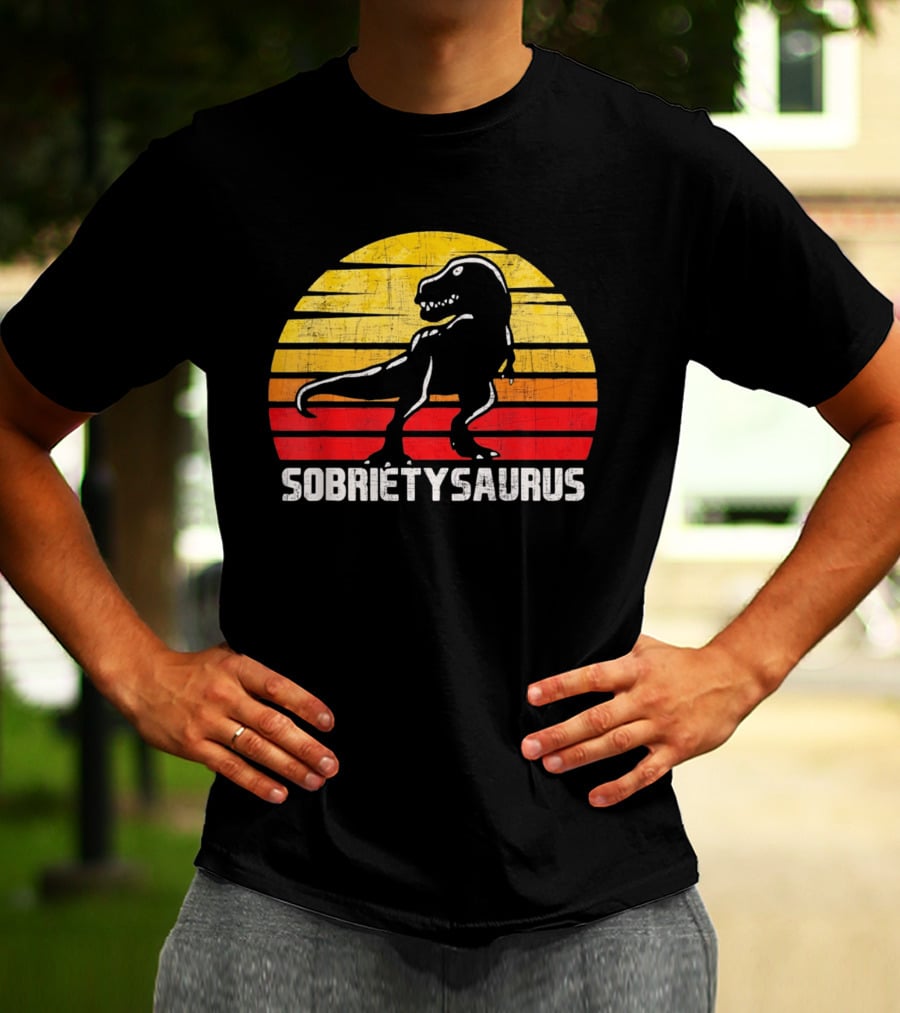 Sober Sobrietysaurus Sobriety Anniversary Recovery Rex Sunset T-Shirt