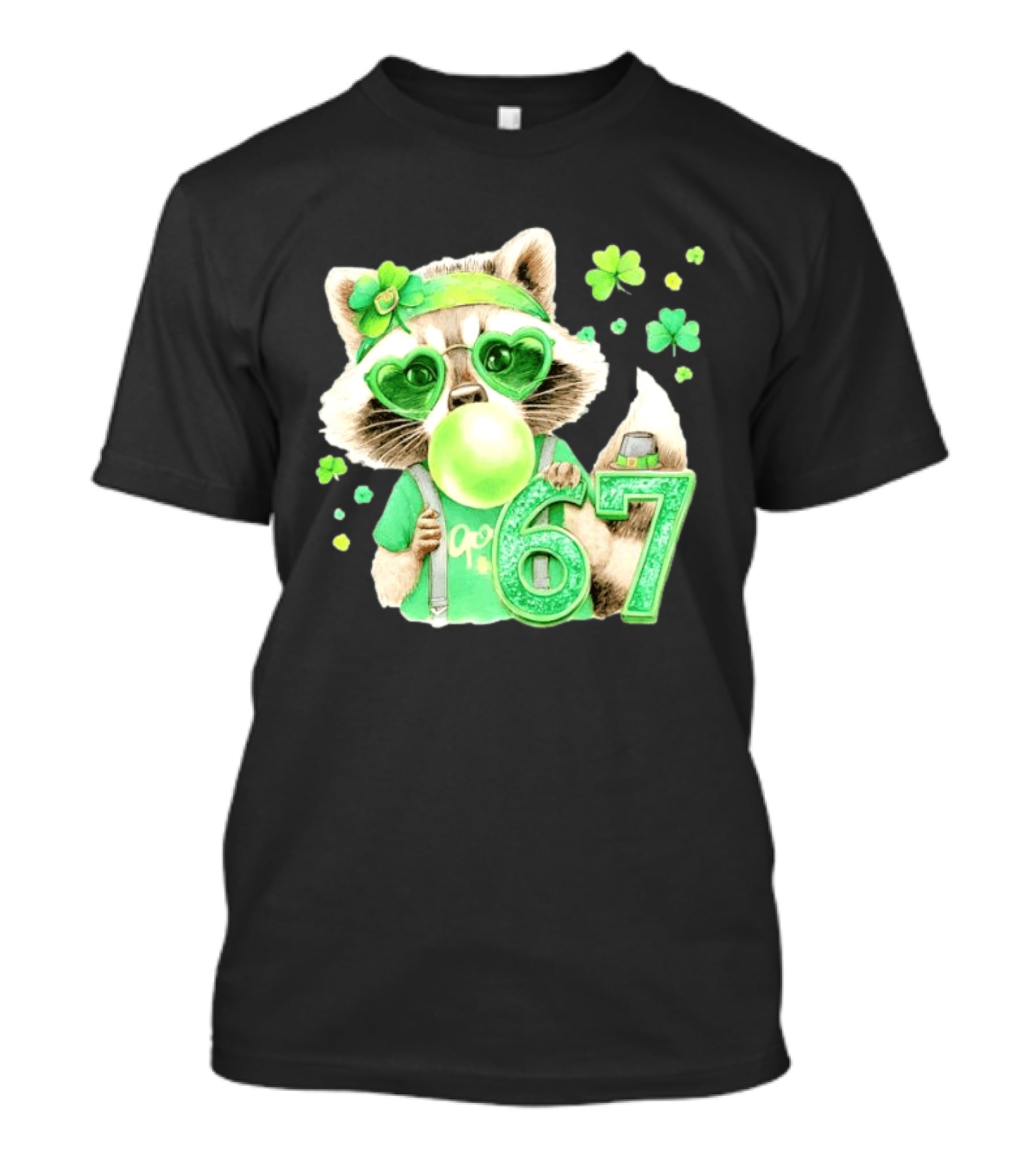 St Patrick's Day Raccoon With Shamrock Heart Glasses And 67 Bubblegum T-Shirt