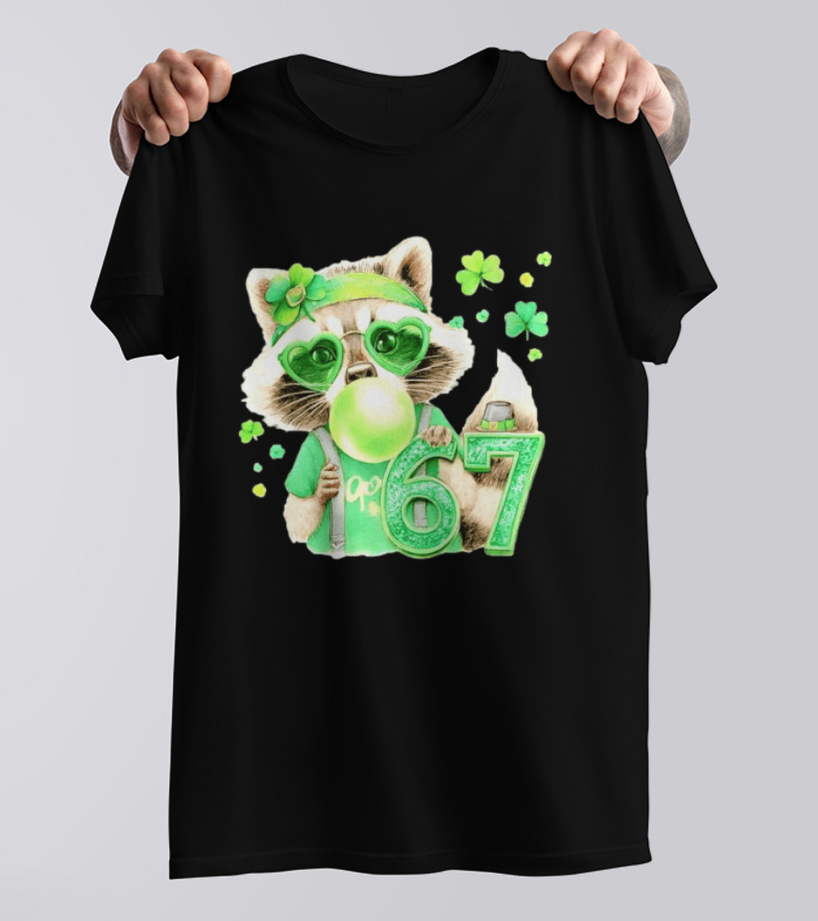 St Patrick's Day Raccoon With Shamrock Heart Glasses And 67 Bubblegum T-Shirt