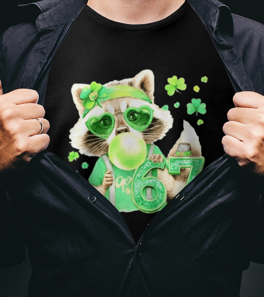 St Patrick's Day Raccoon With Shamrock Heart Glasses And 67 Bubblegum T-Shirt