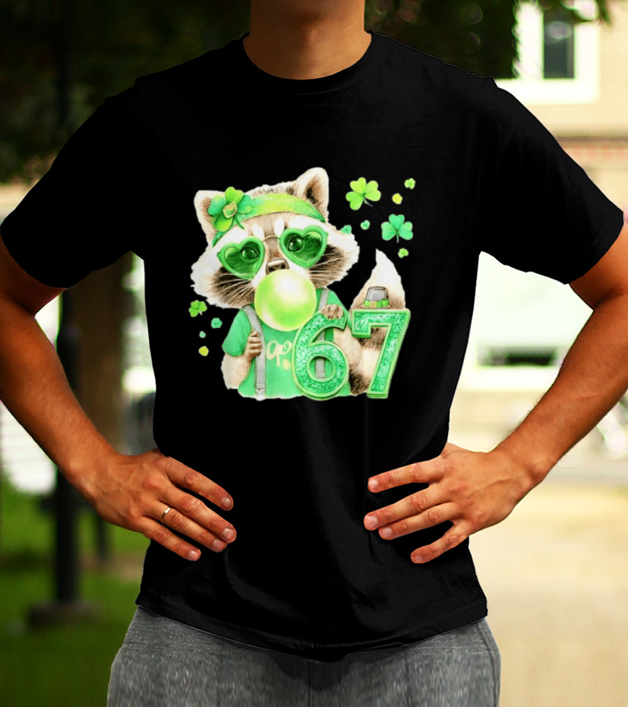St Patrick's Day Raccoon With Shamrock Heart Glasses And 67 Bubblegum T-Shirt