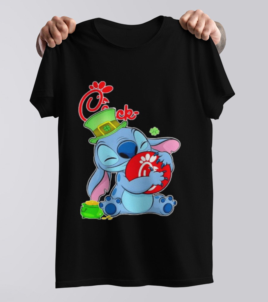 Stitch Holding Chick Fil A Logo With St. Patrick's Day Hat And Clover T-Shirt