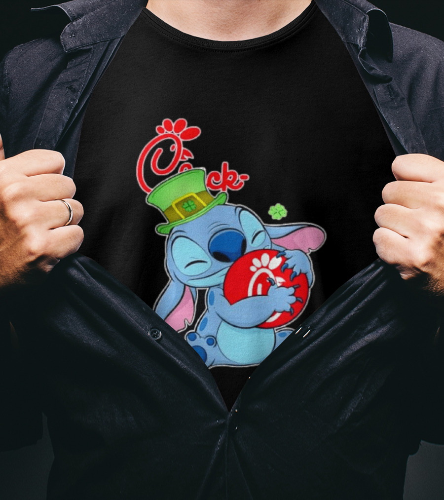 Stitch Holding Chick Fil A Logo With St. Patrick's Day Hat And Clover T-Shirt
