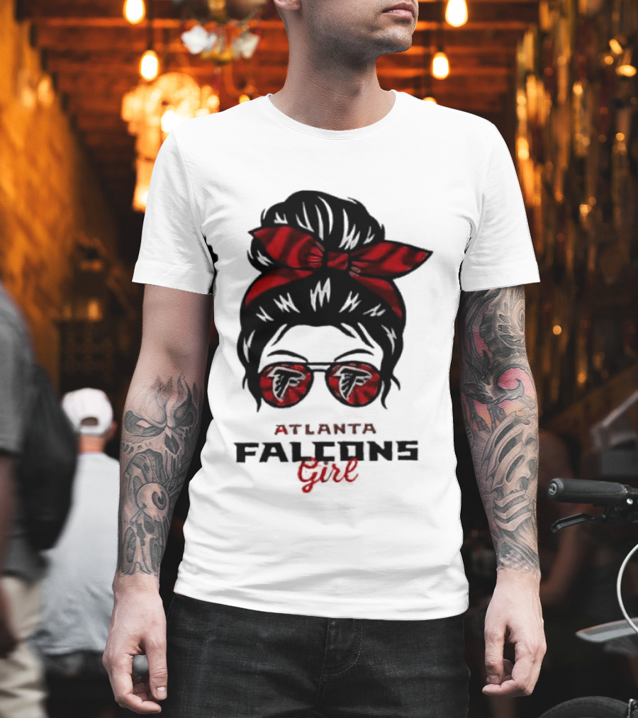 Atlanta Falcons Girl Messy Bun 2026 Bow Sunglasses T-Shirt