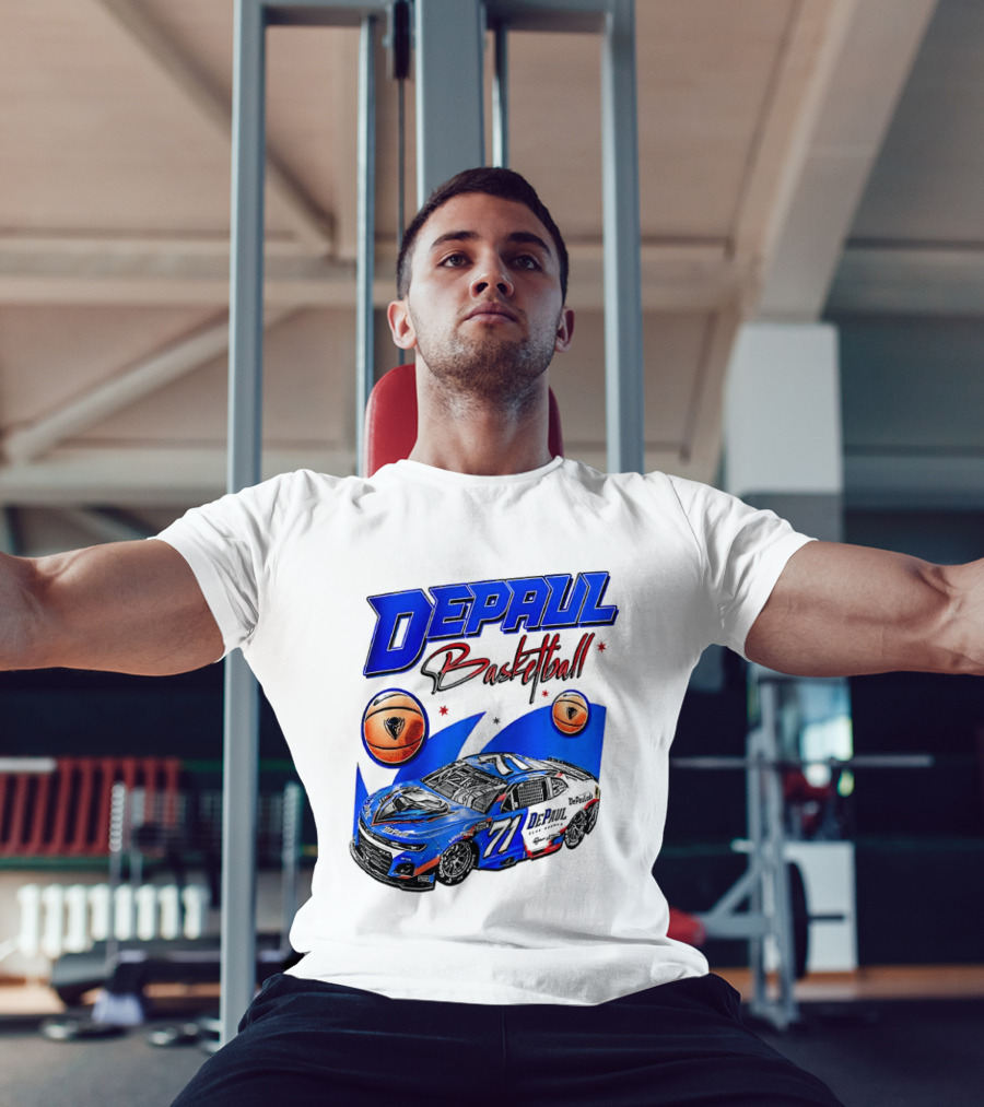 DePaul Basketball NASCAR Collaboration With Blue Race Car And Basketball T-Shirt