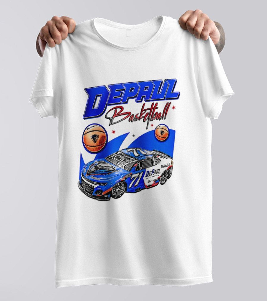 DePaul Basketball NASCAR Collaboration With Blue Race Car And Basketball T-Shirt