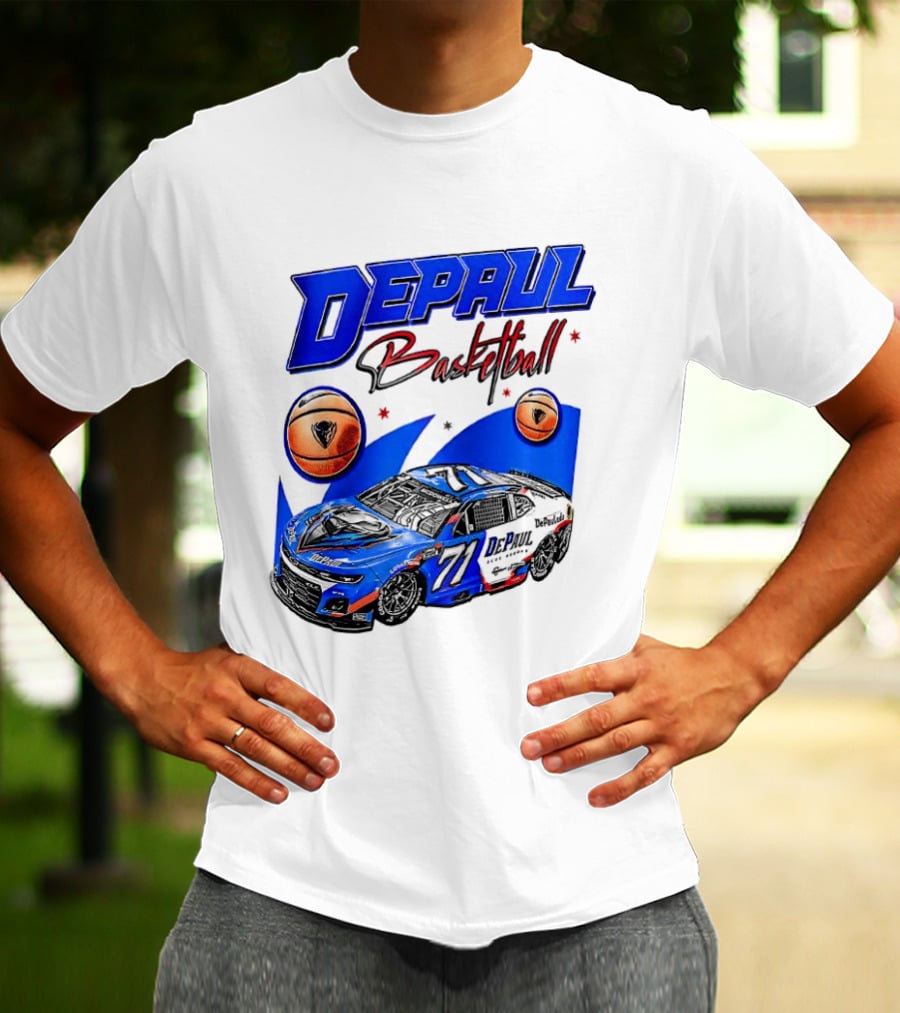 DePaul Basketball NASCAR Collaboration With Blue Race Car And Basketball T-Shirt