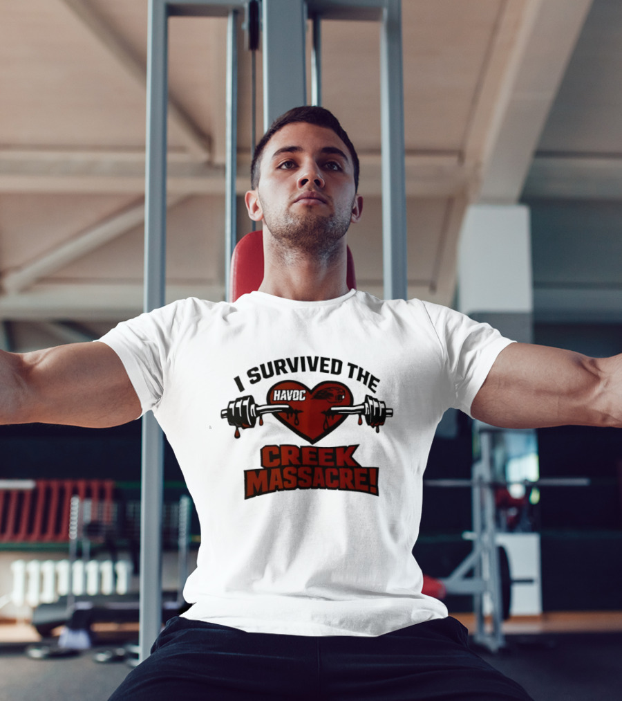 I Survived The Havoc Creek Massacre Heart Barbell Blood Gym Horror T-Shirt