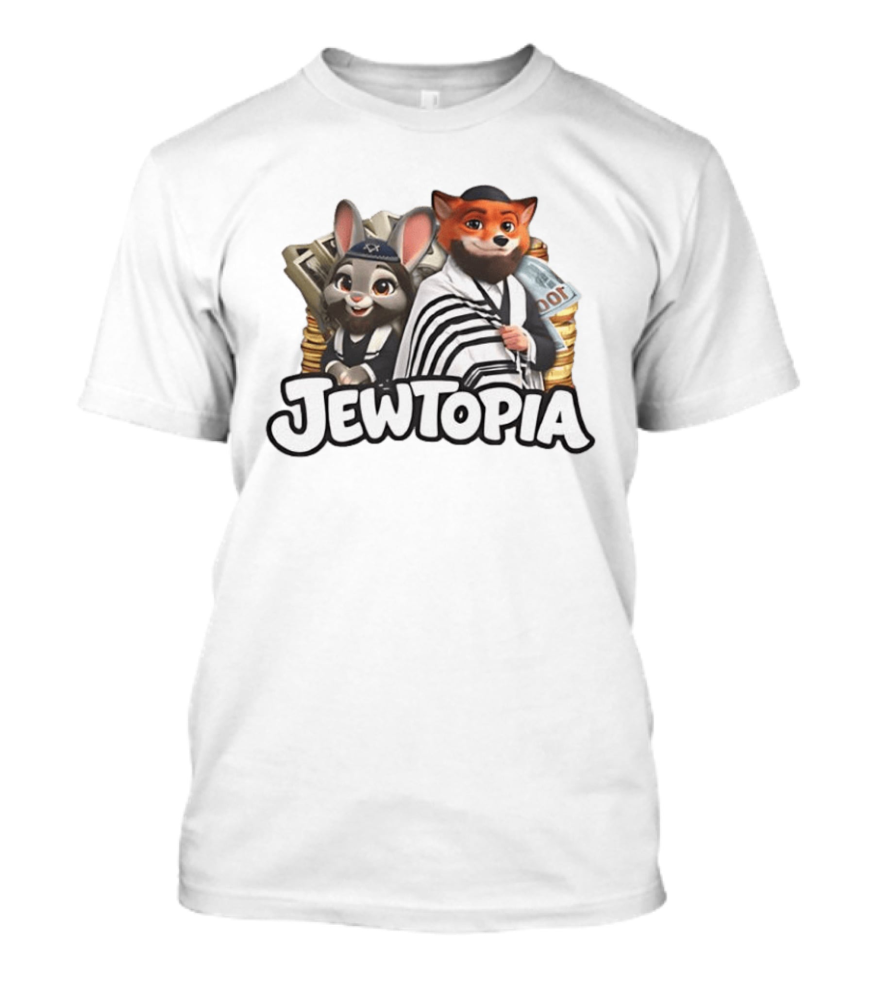 Jewtopia Jewish Zoo Topia Rabbits Fox Characters With Money T-Shirt