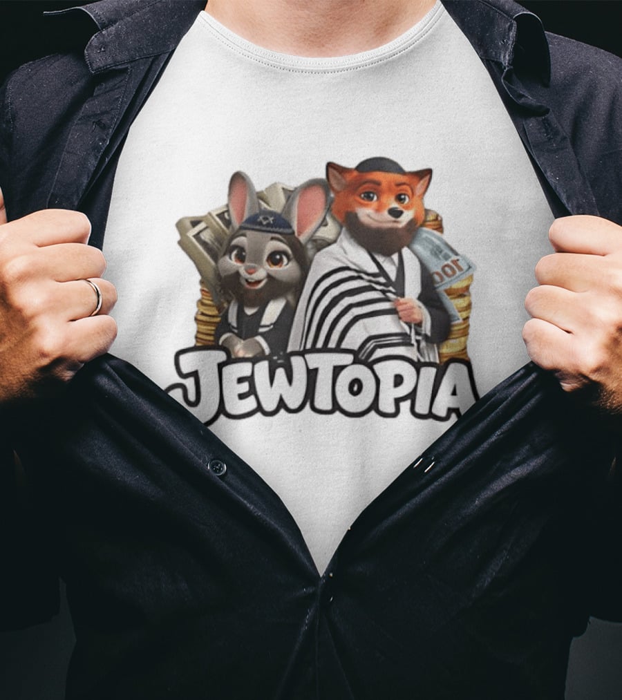Jewtopia Jewish Zoo Topia Rabbits Fox Characters With Money T-Shirt