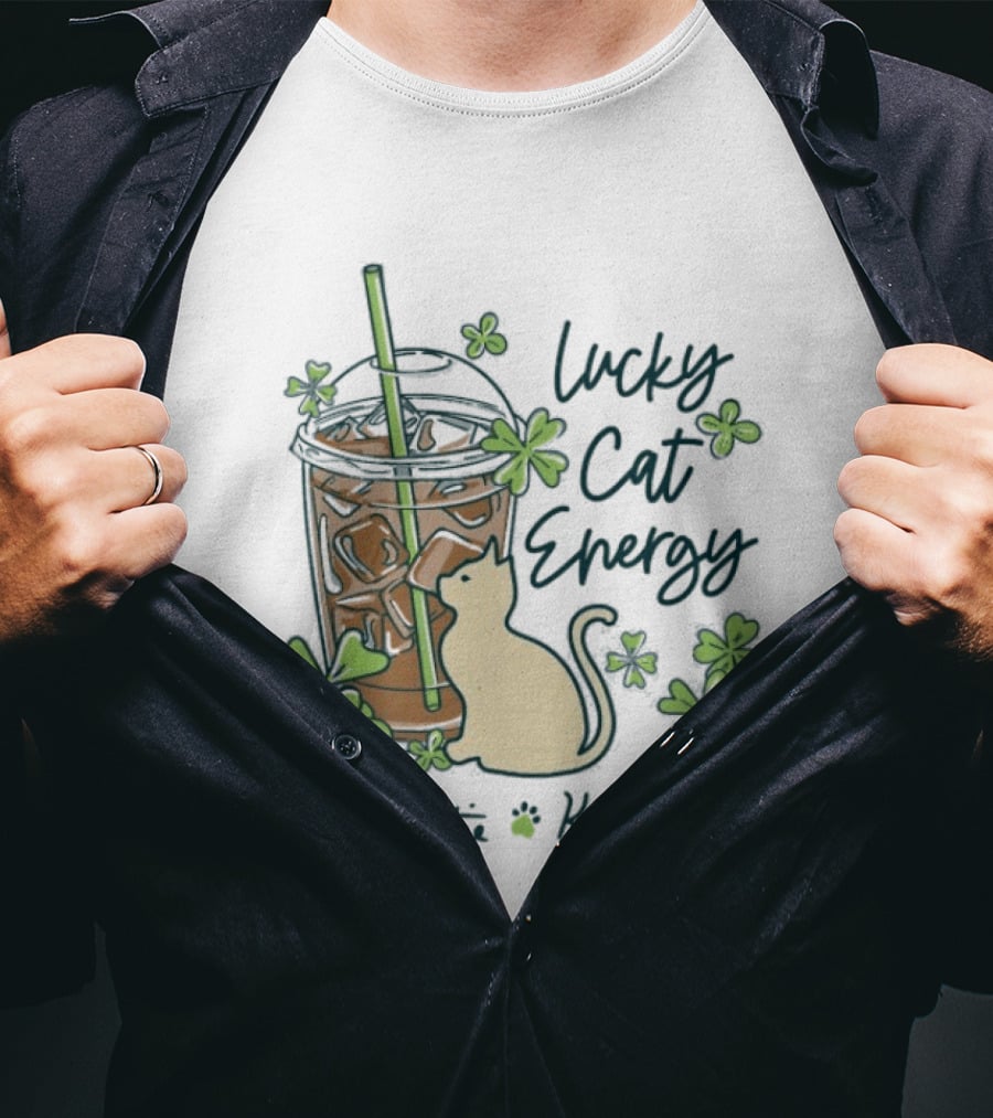 Lucky Cat Energy Kittie Kittie St. Patrick's Day Shamrock Iced Drink T-Shirt