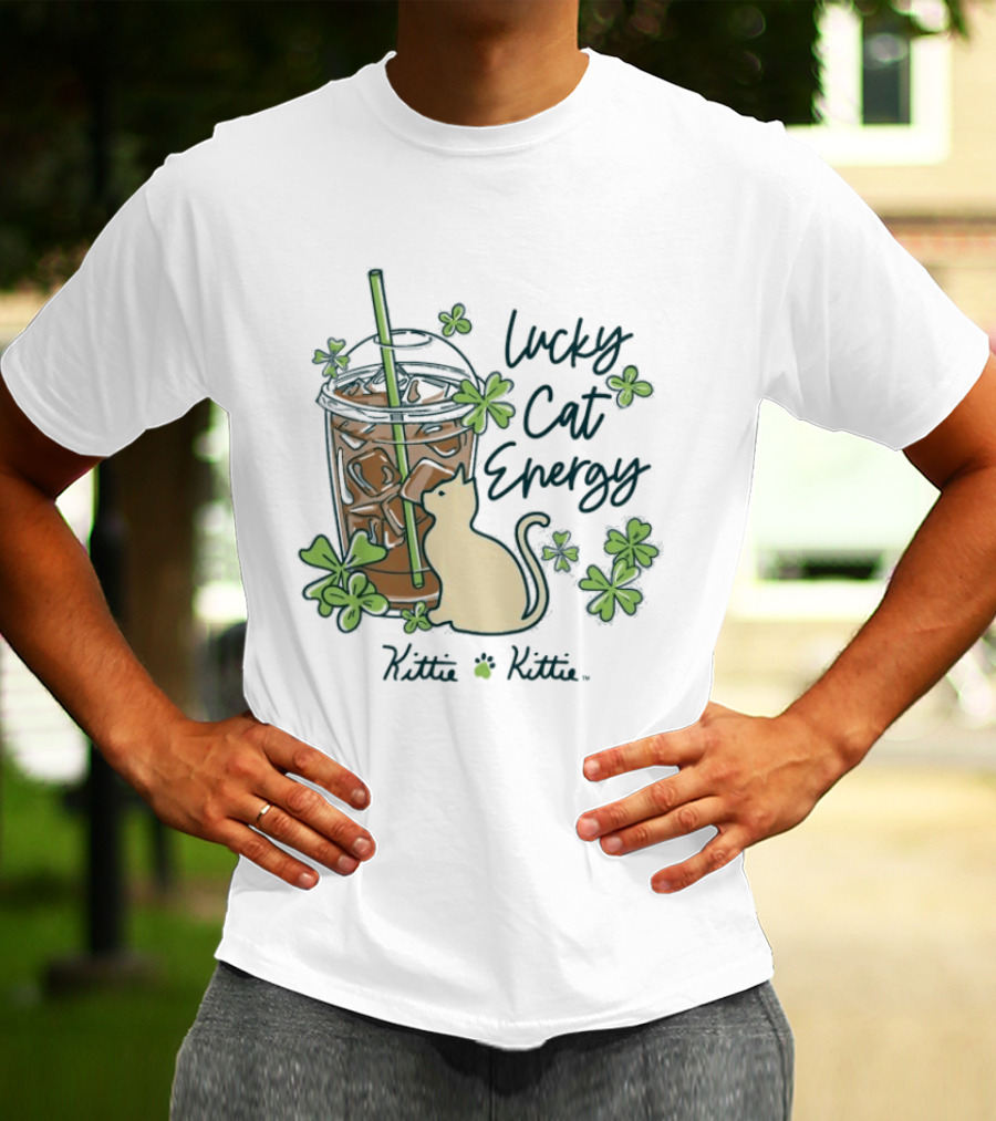 Lucky Cat Energy Kittie Kittie St. Patrick's Day Shamrock Iced Drink T-Shirt