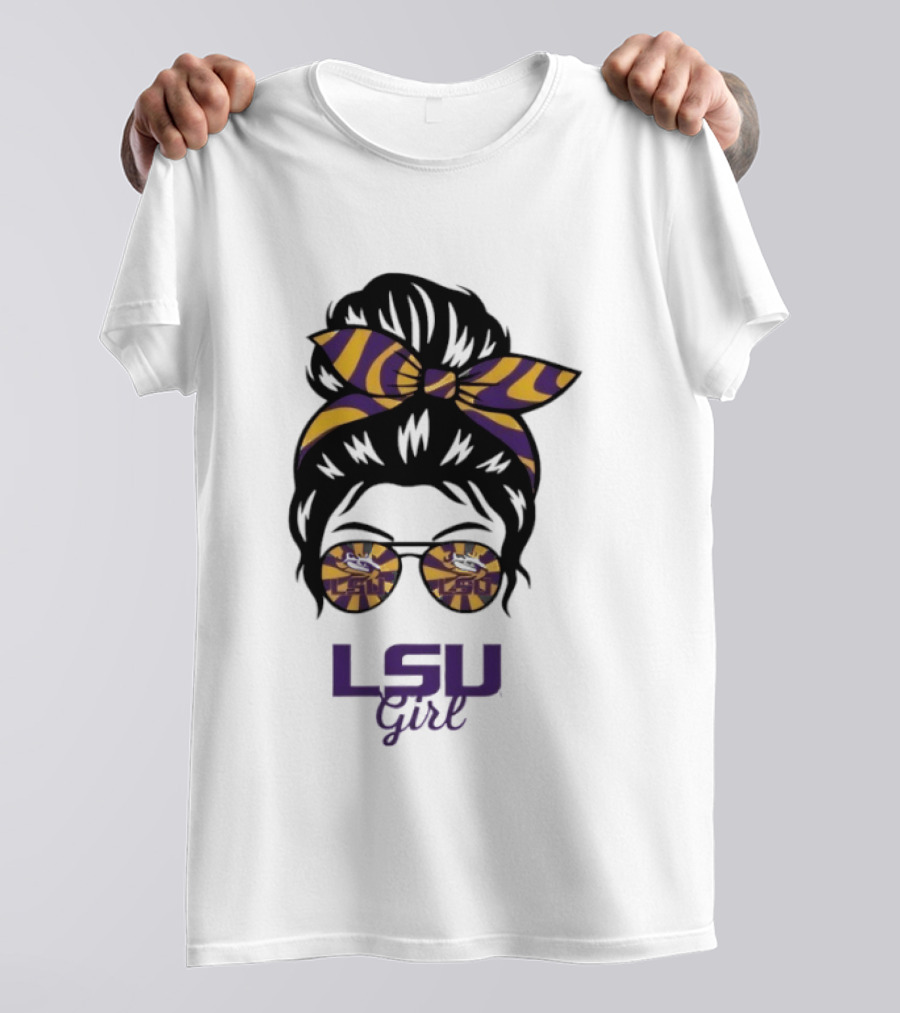 LSU Tigers Girl Purple Yellow Stripes Messy Bun Glasses T-Shirt