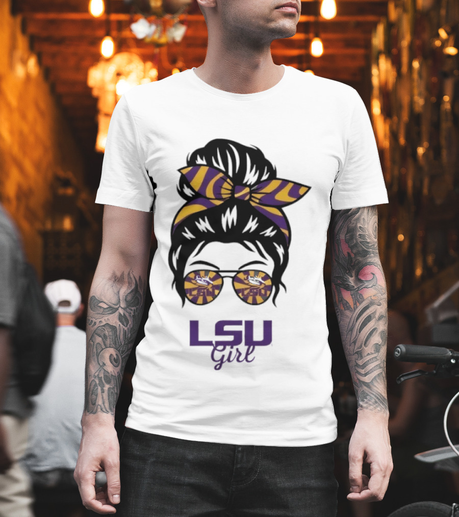 LSU Tigers Girl Purple Yellow Stripes Messy Bun Glasses T-Shirt
