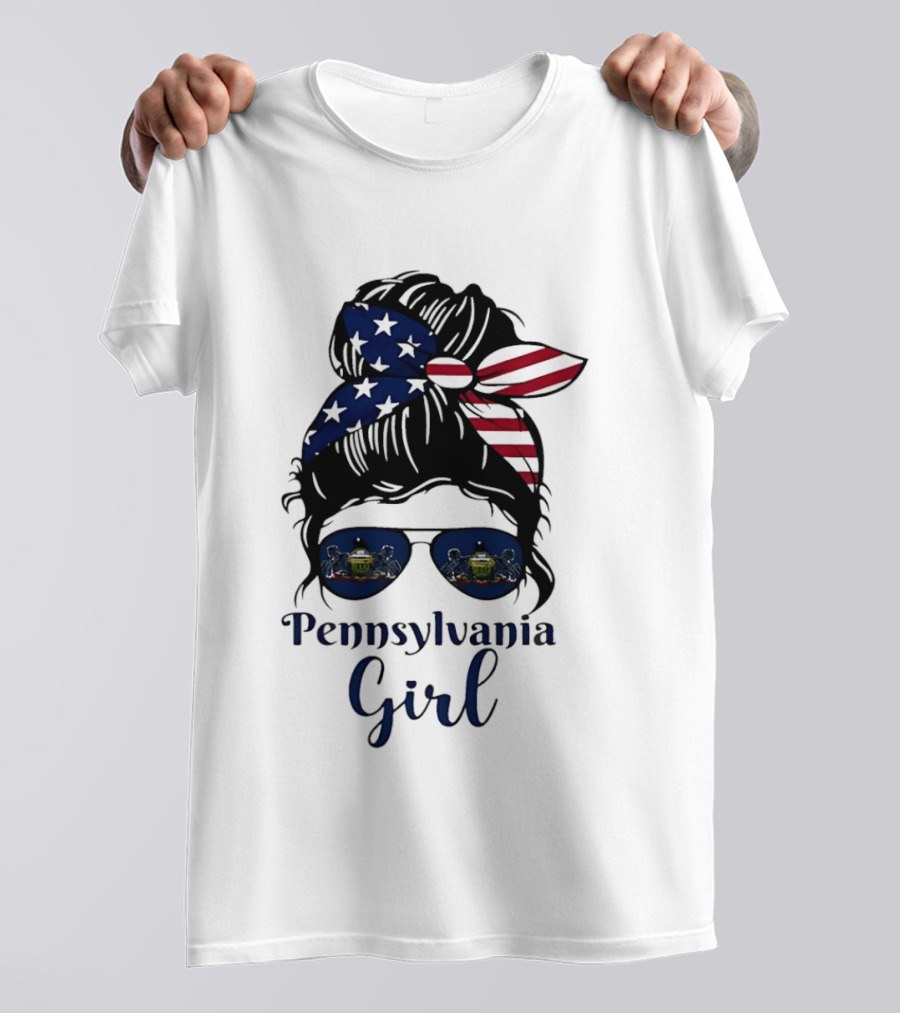 Pennsylvania Girl Messy Bun American Flag Bandana Sunglasses T-Shirt