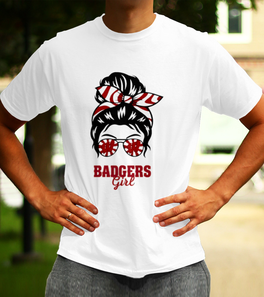 Wisconsin Badgers Girl Messy Bun Glasses Bow T-Shirt