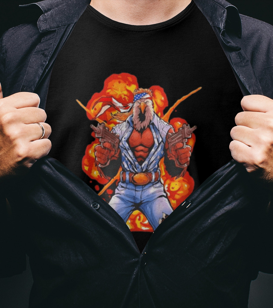 American Bald Eagle Fury Cartoon Bandana Dual Pistols Explosion T-Shirt