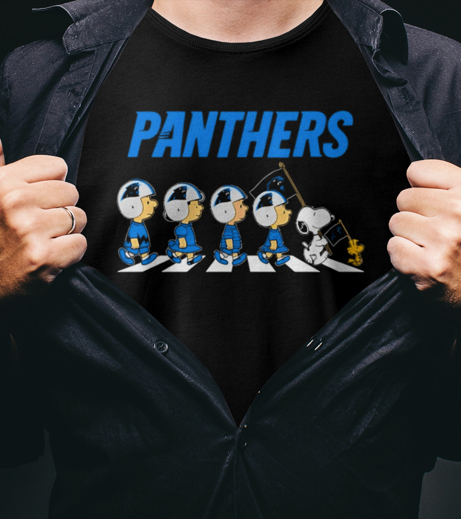 Peanuts Carolina Panthers Football Characters Walking With Flag T-Shirt