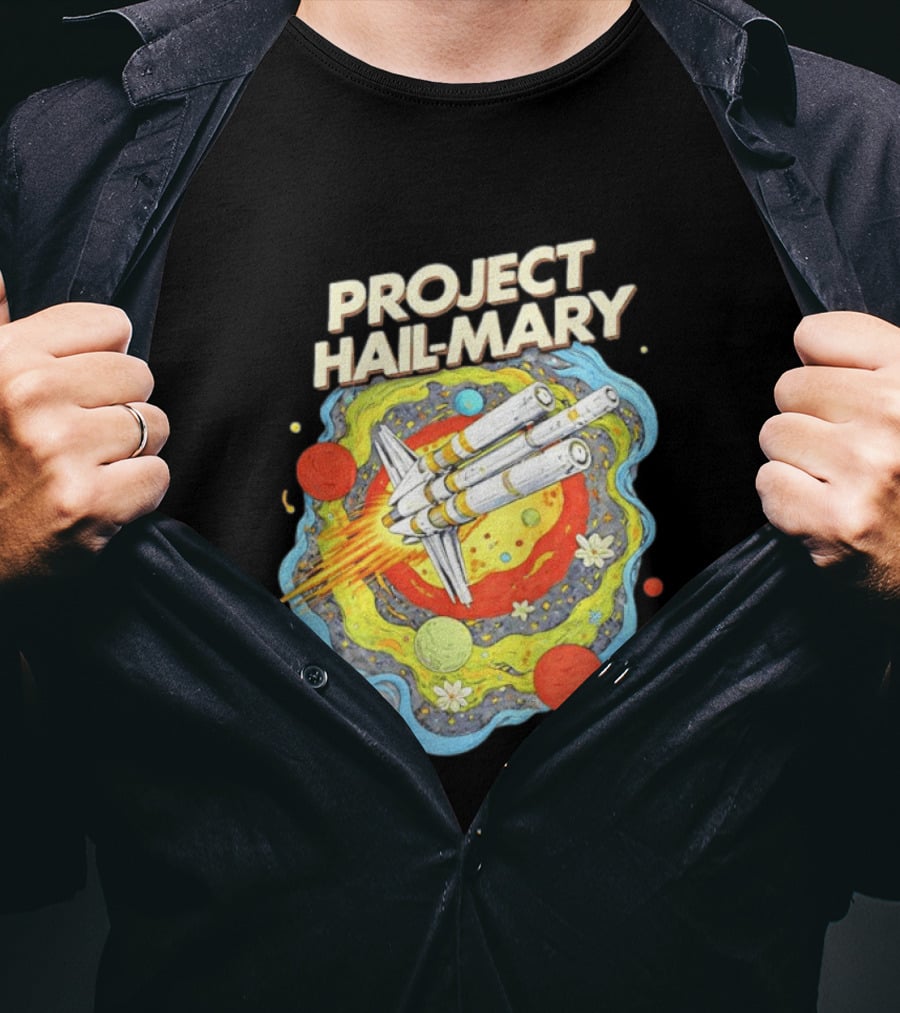 Project Hail Mary Rocket Launching Through Colorful Space Planets T-Shirt