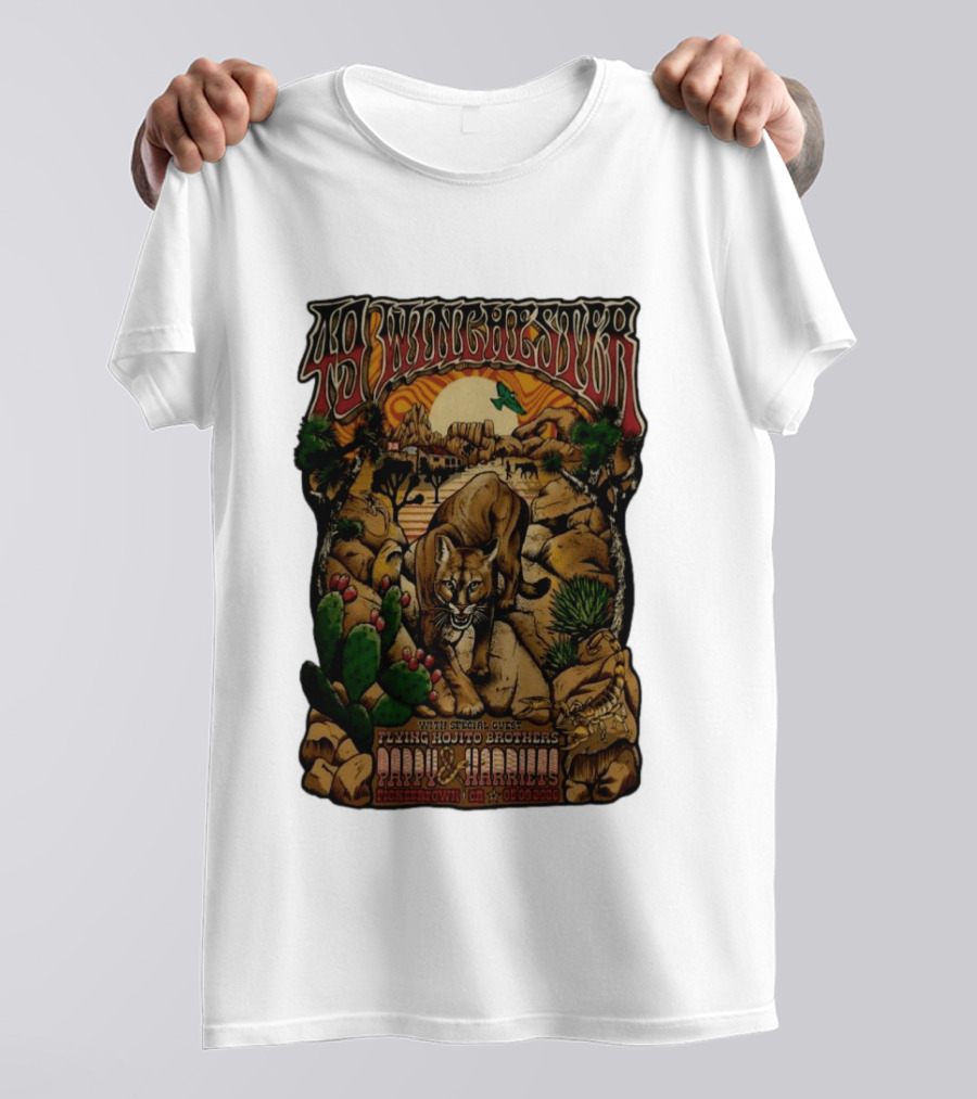 49 Winchester Pioneertown May 9 2026 Flying Mojito Brothers Pap Yu Harlins Cat Desert Scene T-Shirt