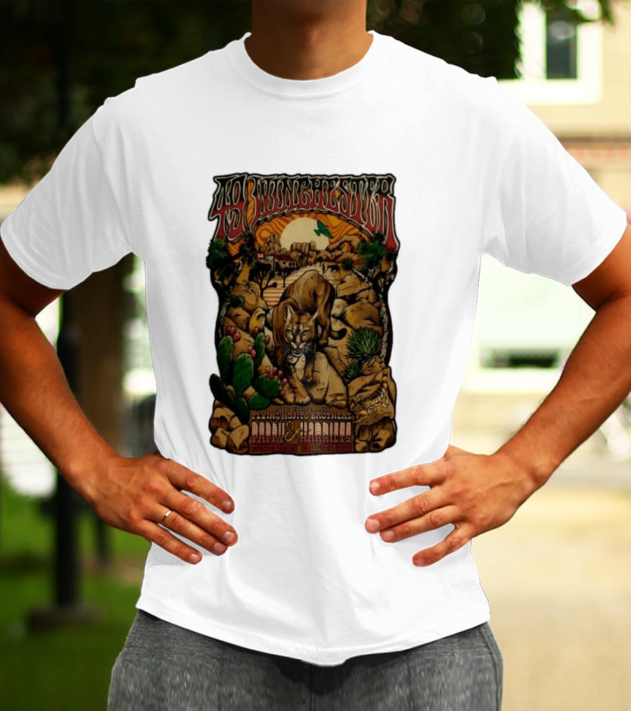 49 Winchester Pioneertown May 9 2026 Flying Mojito Brothers Pap Yu Harlins Cat Desert Scene T-Shirt