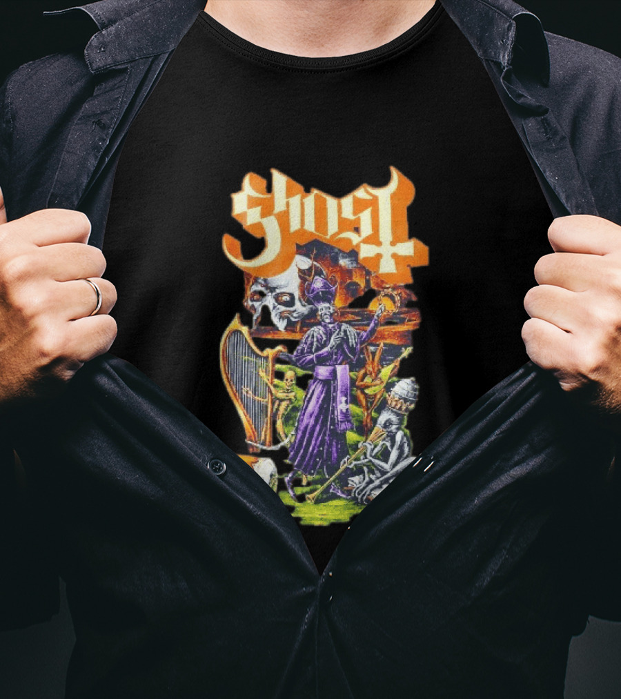 Ghost Band Gothic Horror Pope With Ghouls And Harp T-Shirt