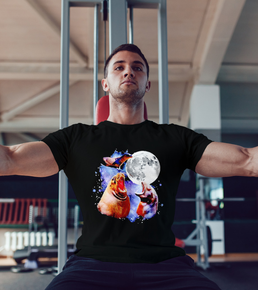 Sea Lion Trio Howling At The Moon In Outer Space Scene T-Shirt