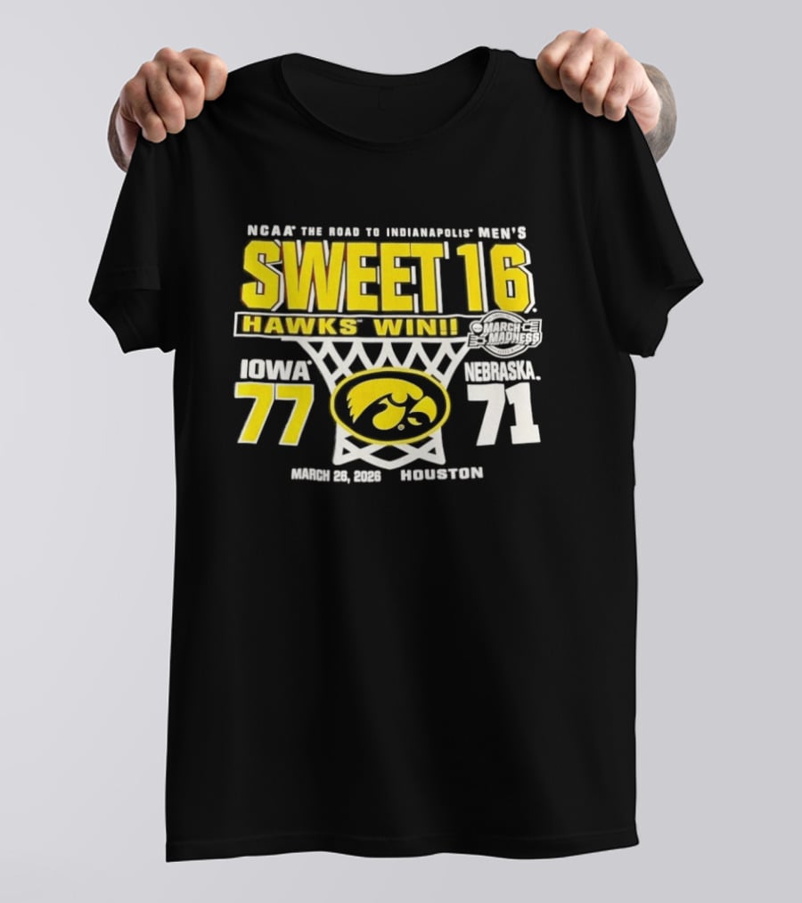 NCAA March Madness The Road To Indianapolis Men's Sweet 16 Hawks Win Iowa 77 Nebraska 71 March 25 1989 Houston T-Shirt
