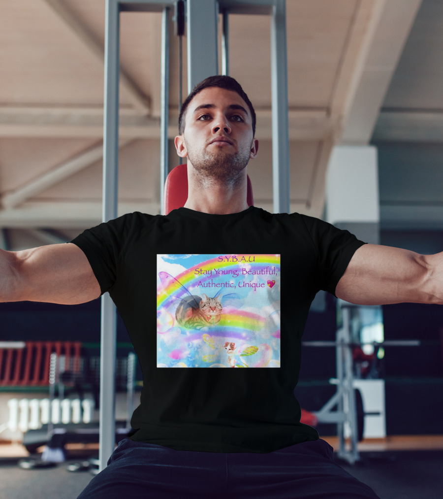S.Y.B.A.U Stay Young Beautiful Authentic Unique Cat Rainbow Wings T-Shirt