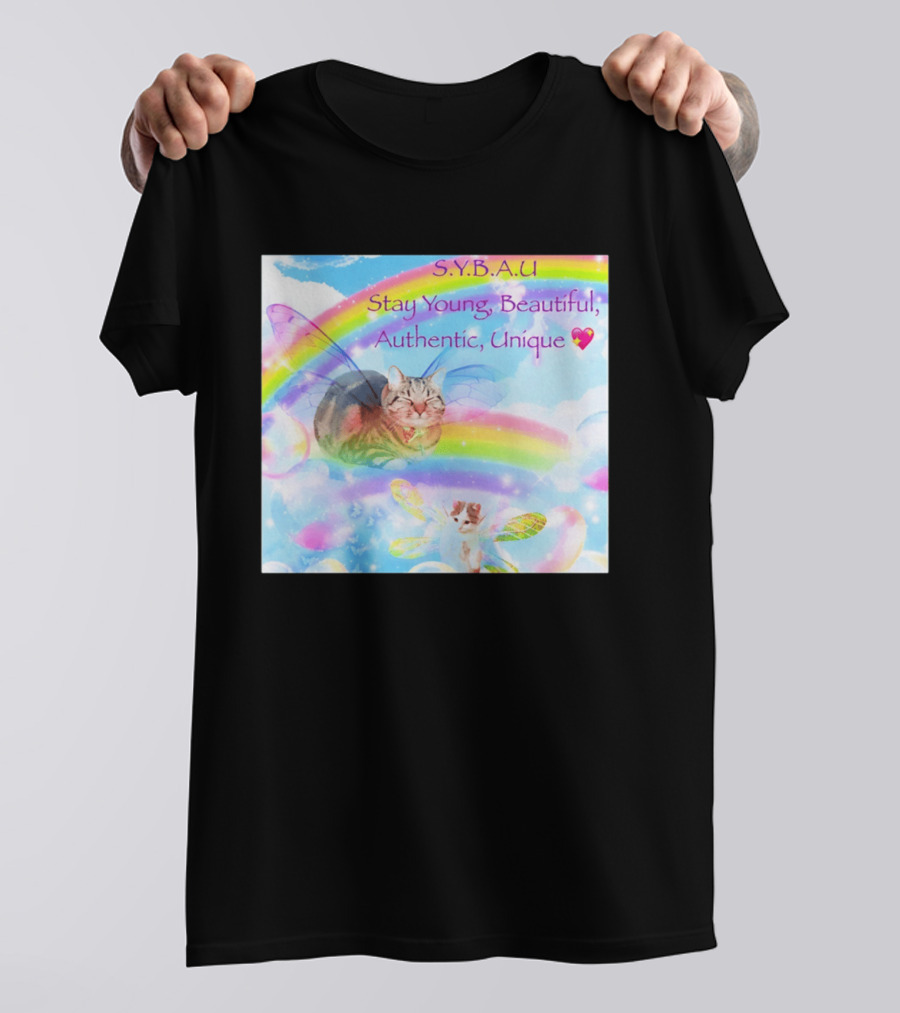 S.Y.B.A.U Stay Young Beautiful Authentic Unique Cat Rainbow Wings T-Shirt