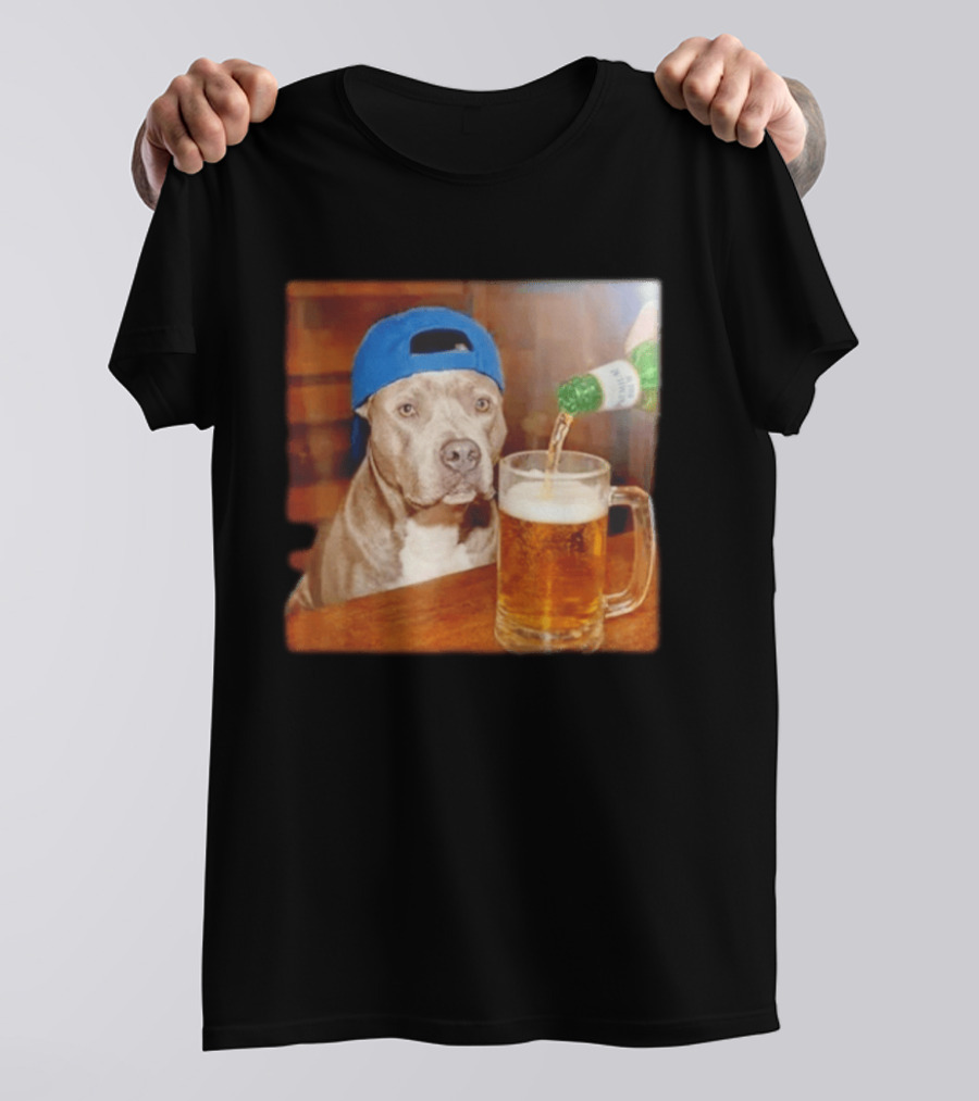 Pit Bull Drinking Beer Blue Cap Meme T-Shirt
