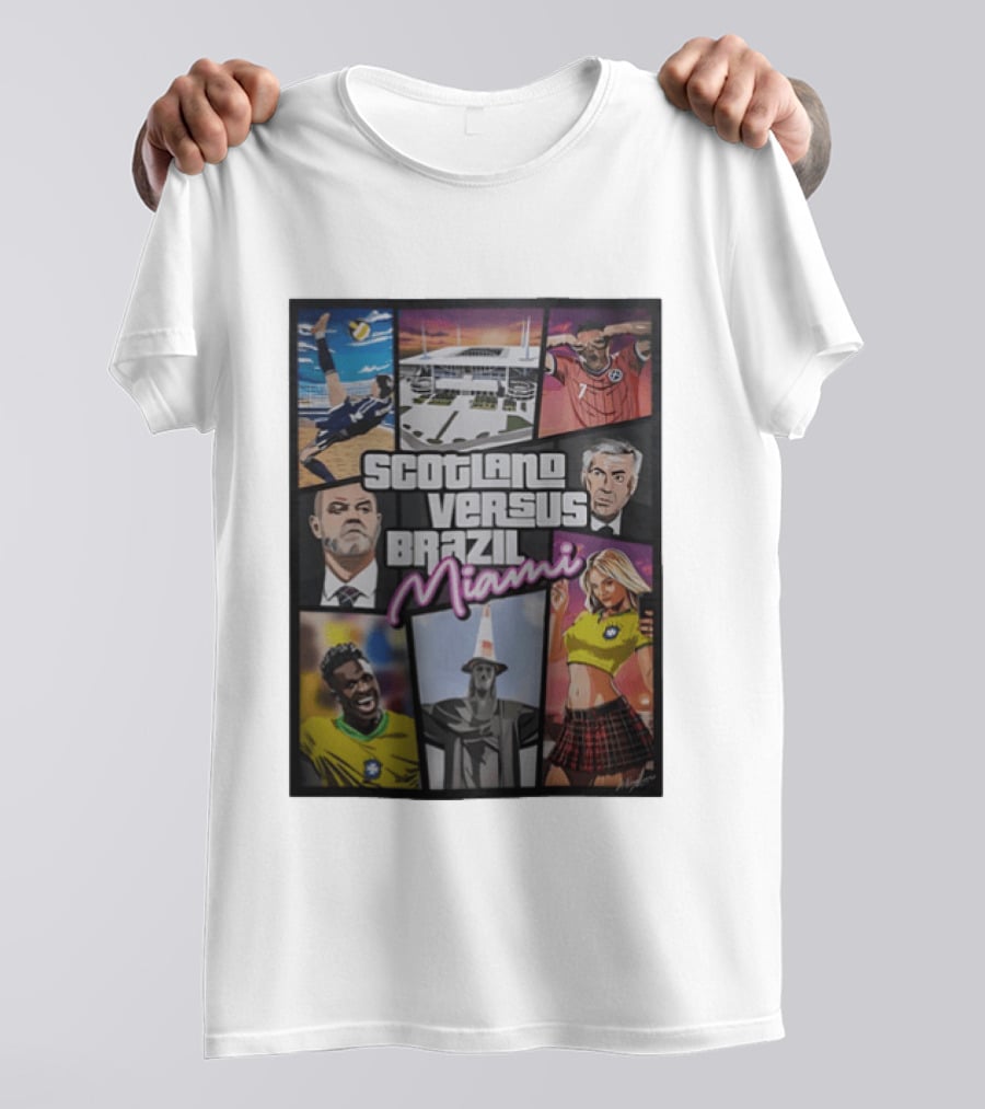 Scotland Versus Brazil Miami Comic Style Soccer Matchup T-Shirt