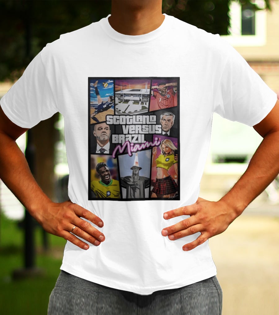 Scotland Versus Brazil Miami Comic Style Soccer Matchup T-Shirt