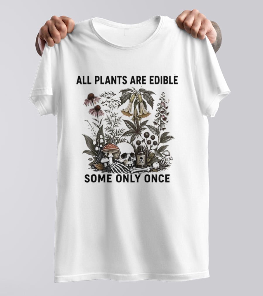All Plants Are Edible Botanical Humor Mushroom And Bellflower Dark T-Shirt