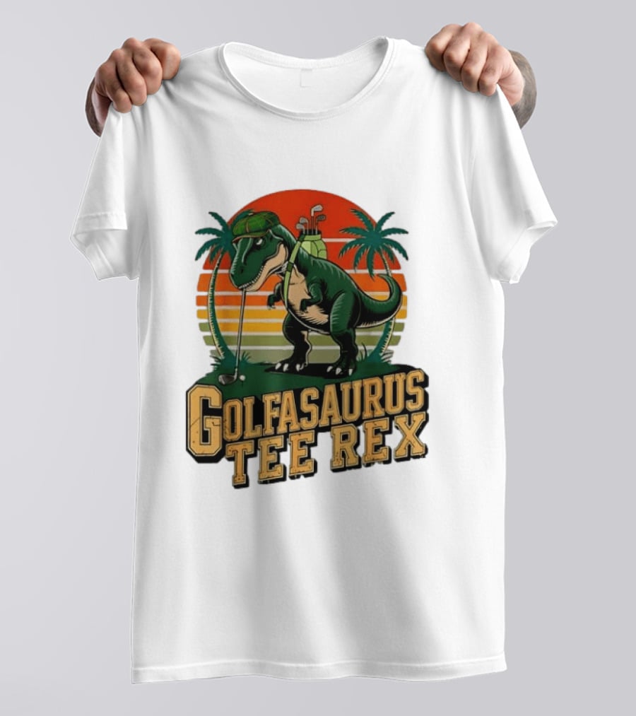 Golfasaurus Rex Rex Dinosaur Playing Golf Sunset Palm Trees T-Shirt
