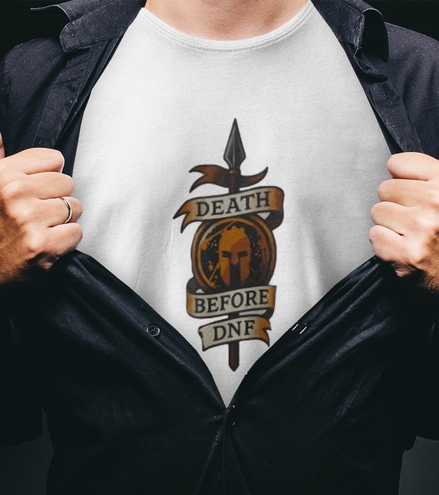 Death Before DNF Spartan Helmet Spear Banner T-Shirt