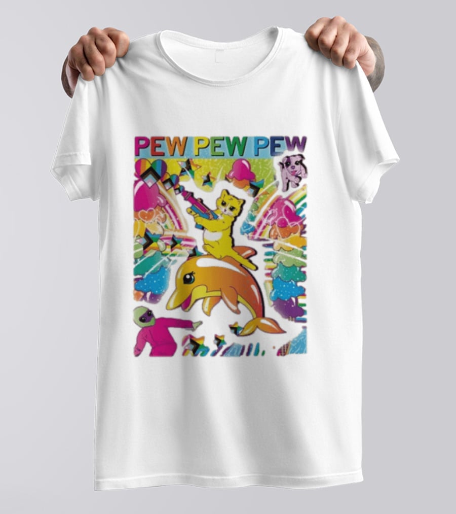 Pew Pew Pew Colorful Cat Dolphin Alien Rainbow T-Shirt